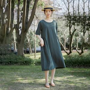 Robe mi-longue en coton et lin vert foncé pour femmes, manches courtes, coupe ample, confortable, décontractée, robe d'été - Product Image 3