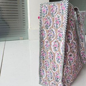 Bohemian Floral Quilted Cotton Tote <b>Bag</b> With Striped Trim Open Top Shopping <b>Bag</b> All Seasons - Product Image 3