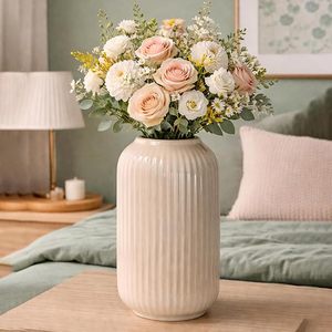 Vase à fleurs en céramique finition nacrée, vase à bourgeons côtelé pour table, pour fleurs fraîches ou séchées, décoration intérieure - Product Image 1