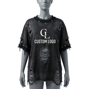 <b>Gothic</b> Oversized Black <b>T</b>-<b>Shirt</b> Short Sleeve With Lace Trim And Ripped Design Custom Logo Front Print Men's Jersey Cotton Top - Product Image 1