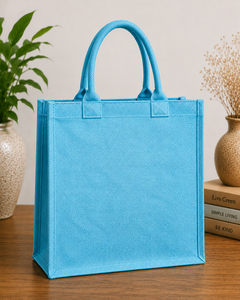 Blue Laminated Jute Shopping <b>Bag</b> With Love Print Open Top Handle <b>Medium</b> <b>Size</b> - Product Image 6