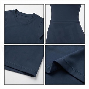 Women's <b>Navy</b> Blue Seamless Yoga Romper Short Sleeve Crew Neck High Waist Solid Color Activewear Set - Product Image 4