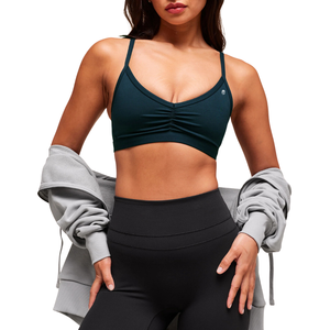 Soutien-gorge de yoga froncé vert foncé personnalisé avec logo pour femme, en nylon et élasthanne, sexy, à bretelles, respirant, pour la gym et le fitness - Product Image 5