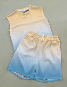 Men's Customizable Gradient Sleeveless Tank Top Set Shorts Knitted Breathable Fabric Crew Neck Casual Summer Wear High Quality - Product Image 2