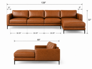 Canapé sectionnel moderne en cuir cognac avec chaise longue et pieds métalliques fins pour un salon de luxe, canapé en cuir - Product Image 2