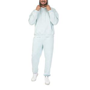 Ensemble de survêtement décontracté bleu clair à capuche pour homme, avec sweat-shirt et pantalon de couleur unie, manches longues, poches latérales et cordon de serrage - Product Image 1