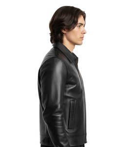 High Quality <b>Men</b> <b>Black</b> Leather Jacket Premium <b>Real</b> Cowhide Slim Fit Harrington Style <b>Men</b> Casual Zipper Wholesale OEM Vendor - Product Image 4