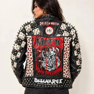 Chaqueta de Motociclista de Cuero Genuino para Mujer MH, Manga Larga, Decorada con Remaches y Parches, Cierre de Cremallera, Cuello Camisero, Estilo Otoñal - Product Image 2