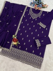 Ensemble Salwar en coton brodé violet pour femme avec dupatta, tenue décontractée traditionnelle indienne et pakistanaise, coupe ample, longueur cheville - Product Image 3