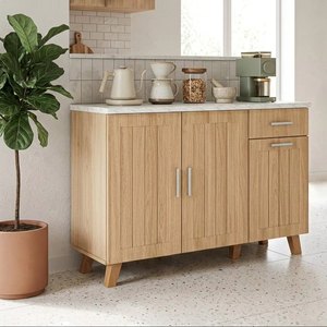 Mueble de Cocina Moderno de Aglomerado Essence K409ZV(L) con Encimera de Melamina Blanco Roble y Mármol, Cajón, Estante para Panadería y Soporte para Microondas - Product Image 1