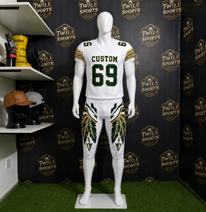 Ensemble d'uniformes de football américain personnalisés blanc, vert, or, maillot sublimé, pantalon, col en V, manches courtes, maille respirante - Product Image 5