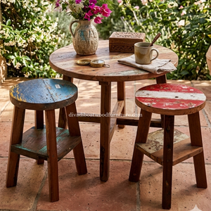 Sustainable Reclaimed Boat Wood Round Top <b>Stool</b> Leg with Square Wood Design Eco-Friendly Indoor Outdoor Bali Wood Furniture - Product Image 6