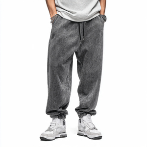 Pantalon de jogging décontracté gris en coton délavé pour homme, taille élastique avec cordon de serrage, style automne, tricoté mi-lourd - Product Image 3