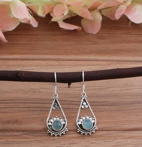 Boucles d'oreilles pendantes en calcédoine aqua naturelle, argent sterling 925, pierre précieuse bleue, femmes, véritable luxe, mariage, vente en gros - Product Image 5