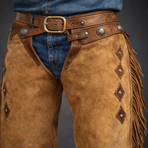 Pantalones de montar de cuero genuino para hombre, estilo western, de talle alto, ajuste regular, con flecos, cierre de hebilla, lavables a máquina, bolsillo estándar para equitación - Product Image 4