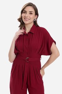 Women's Sweet <b>Red</b> Printed Crepe Jumpsuit <b>Belted</b> High Waist Puff Sleeve Polo Collar Casual Loose Fit Ankle Length Spring Summer - Product Image 3