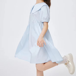 Venta al por mayor niñas azul sólido botón vestido Puff manga cuello cuadrado algodón verano traje Boutique ropa fábrica proveedor BD - Product Image 6
