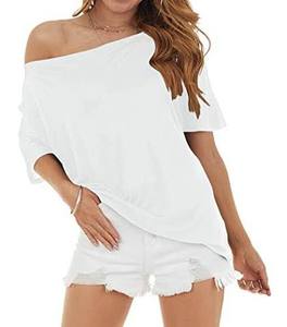 T-shirt en velours blanc moderne à épaule dénudée, coupe ample, motif uni, imprimé numérique écologique, pour femme, idéal pour l'été - Product Image 1