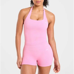 Women's 2 Piece <b>Set</b> Pink Halter Crop Top Shorts Sporty Knitted Spandex Solid Color Skinny Fit Above Knee Spring Summer - Product Image 6