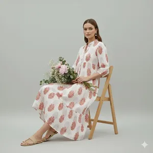 Robe longue blanche bohème à fleurs pour femme, manches bouffantes, en coton léger, imprimé bloc, col en V - Product Image 3