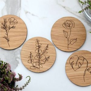 Handmade Oak Wood Drink <b>Coaster</b> Set Laser Engraved Floral Monstera Round Wooden Cup Mats Eco-Friendly Home Restaurant Decor Bulk - Product Image 1