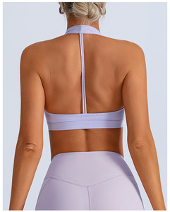 Women's Deep V-<b>Neck</b> <b>Halter</b> Sports <b>Bra</b> Solid Color Breathable Medium Support Yoga Seamless Cut-Out Front Logo Design - Product Image 4