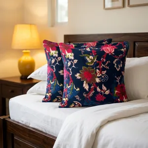 <b>Navy</b> <b>Blue</b> Velvet Cushion Covers with Vintage Floral Print Decorative <b>Throw</b> Pillows <b>for</b> <b>Sofa</b> Bedroom and Home Decor - Product Image 4