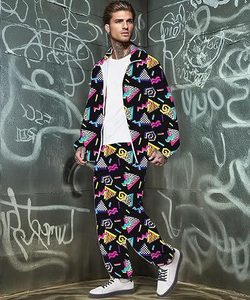 Men's Geometric Print Tracksuit Full <b>Zip</b> <b>Hooded</b> Jacket Pants Set Streetwear Casual Sportswear Polyester Breathable Regular Fit - Product Image 4