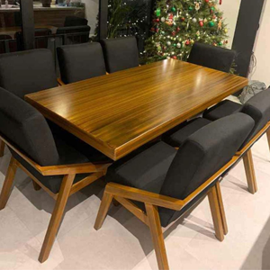 Modern Teak Wood <b>Dining</b> Table Set with Black <b>Armchair</b> Contemporary Luxury Furniture - Product Image 1
