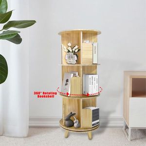 <b>Solid</b> Pine <b>Wood</b> 360 Rotating <b>Bookcase</b> 3-Layer Modern Minimalist Display Rack for Living Room <b>Solid</b> Panel Bookshelf - Product Image 3