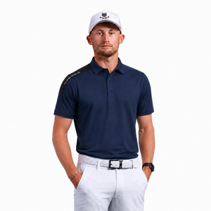 Polo de golf pour homme bleu marine à manches courtes, couleur unie, style décontracté, tissu tricoté respirant, coupe classique, logo sur la manche gauche - Product Image 6