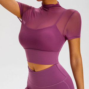 Custom Wholesale Plus Size Womens Athletic Compression Breathable Quick Dry Crop <b>Top</b> <b>Elastic</b> Fitted <b>Hem</b> Half Sleeve Crew Neck - Product Image 3
