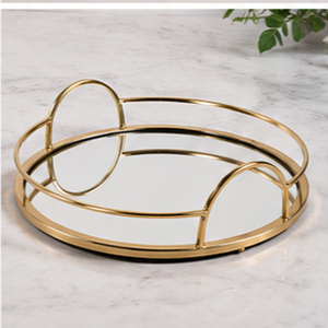 Round Brass <b>Storage</b> Tray With Mirror Insert Modern Design Durable Indoor <b>Tabletop</b> Accessory Living Room Decor - Product Image 4
