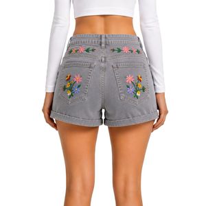 Shorts en jean gris taille haute pour femme avec broderie florale colorée, décontractés, pour l'été, personnalisables OEM ODM, vêtements de mode - Product Image 2