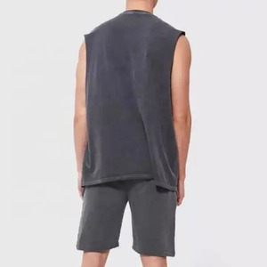 Men's Solid Color 100% Cotton Sleeveless Tank Top Acid Wash Board <b>Shorts</b> Set Casual Breathable Woven Vintage Streetwear Outfit - Product Image 2