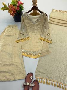 Beige Indian Pakistani Set Embroidered Tassel Top Wide Leg Pants <b>Shawl</b> <b>Wedding</b> Festival Wear - Product Image 5