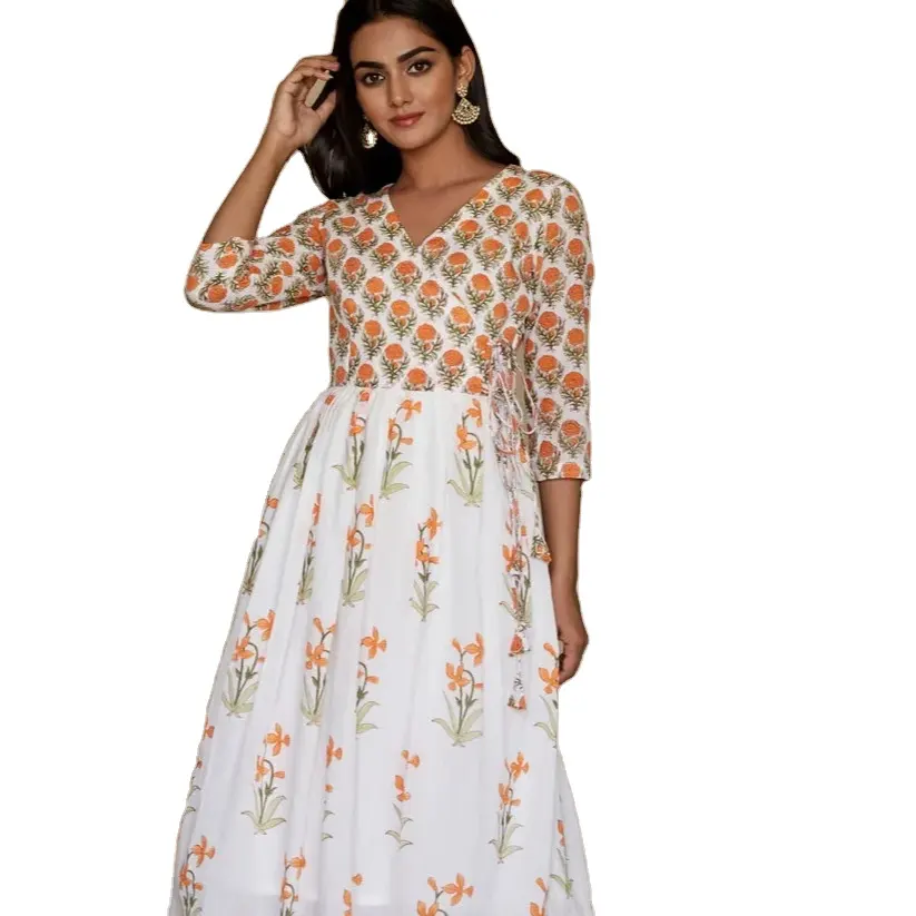 Tangerine Mini Angrakha Kurta con pantalones y Blockprint Dupatta Fashion Styling Quality Kurti y pantalones del fabricante indio