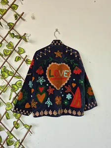 Bohemian Navy Blue <b>Velvet</b> Suzani Embroidered <b>Jacket</b> with Soft Floral Pattern Full Sleeve Stand Collar <b>Women's</b> Winter Outerwear - Product Image 2