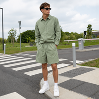 Ensemble chemise et short décontracté pour homme, personnalisé OEM, vert olive, en coton lavé, haut à manches longues et short de plage, fournisseur de streetwear