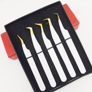 Pince à épiler professionnelle japonaise en acier inoxydable à pointe en fibre pour extensions de cils, faite à la main, blanche mate dorée avec poignée diamantée - Product Image 6