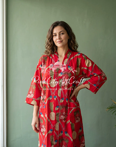 Bata Kimono de Algodón Roja con Estampado Digital de Piña y Pájaros, Manga Larga, Túnica de Verano, Kaftán Indio, Ropa de Estar para Damas de Honor - Product Image 3