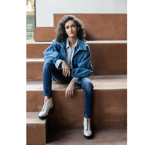 Veste en jean pour femme avec manches bouffantes, col rabattu, fermeture boutonnée, style décontracté d'automne, longueur courte, couleur unie, manches longues - Product Image 5