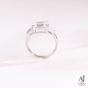 Women <b>Emerald</b> Cut Moissanite Three Stone <b>Ring</b> Lab Grown Diamond Inspired Engagement Wedding <b>Band</b> Gold Plated Rhodium Plated - Product Image 5