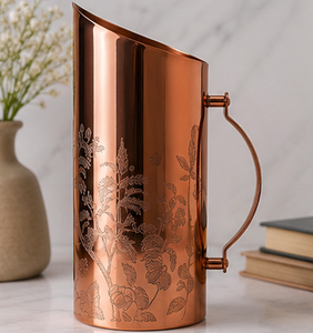 Carafe artisanale moderne en cuivre pur gravé, à bord incliné, motif botanique, style vintage, grande capacité, avec poignée - Product Image 6