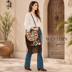 Sac bandoulière artisanal en cuir de vachette à poils, style western, motif floral, avec franges vintage, sac messager pour femme - Product Image 2