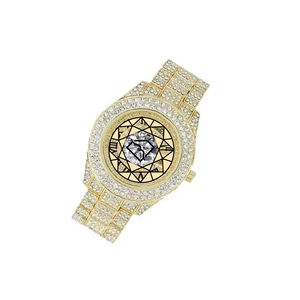 Montre en acier inoxydable de 46 mm avec chiffres romains incrustés de diamants jaunes, style hip-hop américain, mouvement à quartz - Product Image 2