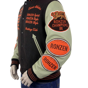 Rohzen <b>Men's</b> Vintage Varsity <b>Jacket</b> Embroidered Patch Design PU Leather Sleeve Turn-down Collar Autumn Casual Wear - Product Image 2