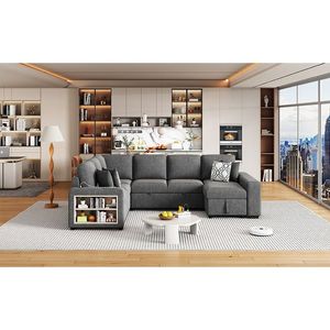 Divano Sezionale a U da 277 cm con Letto Estraibile, Due Porte USB, Chaise Longue con Vano Contenitore e Quattro Cuscini per il Soggiorno - Product Image 6