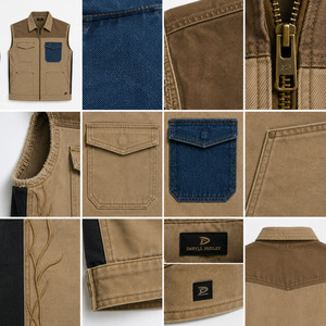 <b>Utility</b> Pocket Zip Front Denim Jacket Custom Men's Beige Workwear <b>Vest</b> Premium Contrast Patch Sleeveless Apparel - Product Image 4