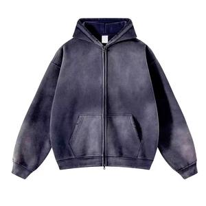 เสื้อฮู้ดดี้ผู้ชายสีพื้นแบบใหม่ แฟชั่นสั่งทำพิเศษ เนื้อผ้าหนา คุณภาพสูง ทรงโอเวอร์ไซส์ ไหล่ตก ซิปหน้า ล้างสีแบบ Acid Wash - Product Image 2